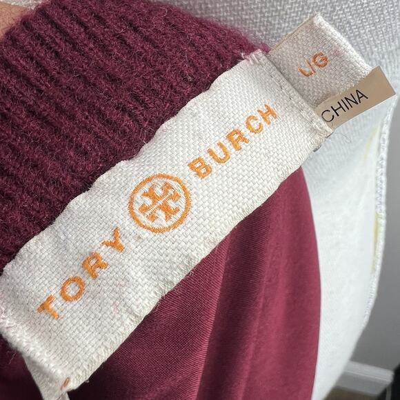 Tory Burch Maroon Dina Merino Wool Lace Sleeves Crew Neck Sweater L Peplum Back - Picture 11 of 11